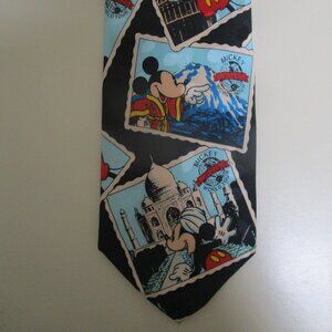 Disney Mickey Mouse Mens Necktie Mickey World Tour Travel stamps 100% Silk Tie